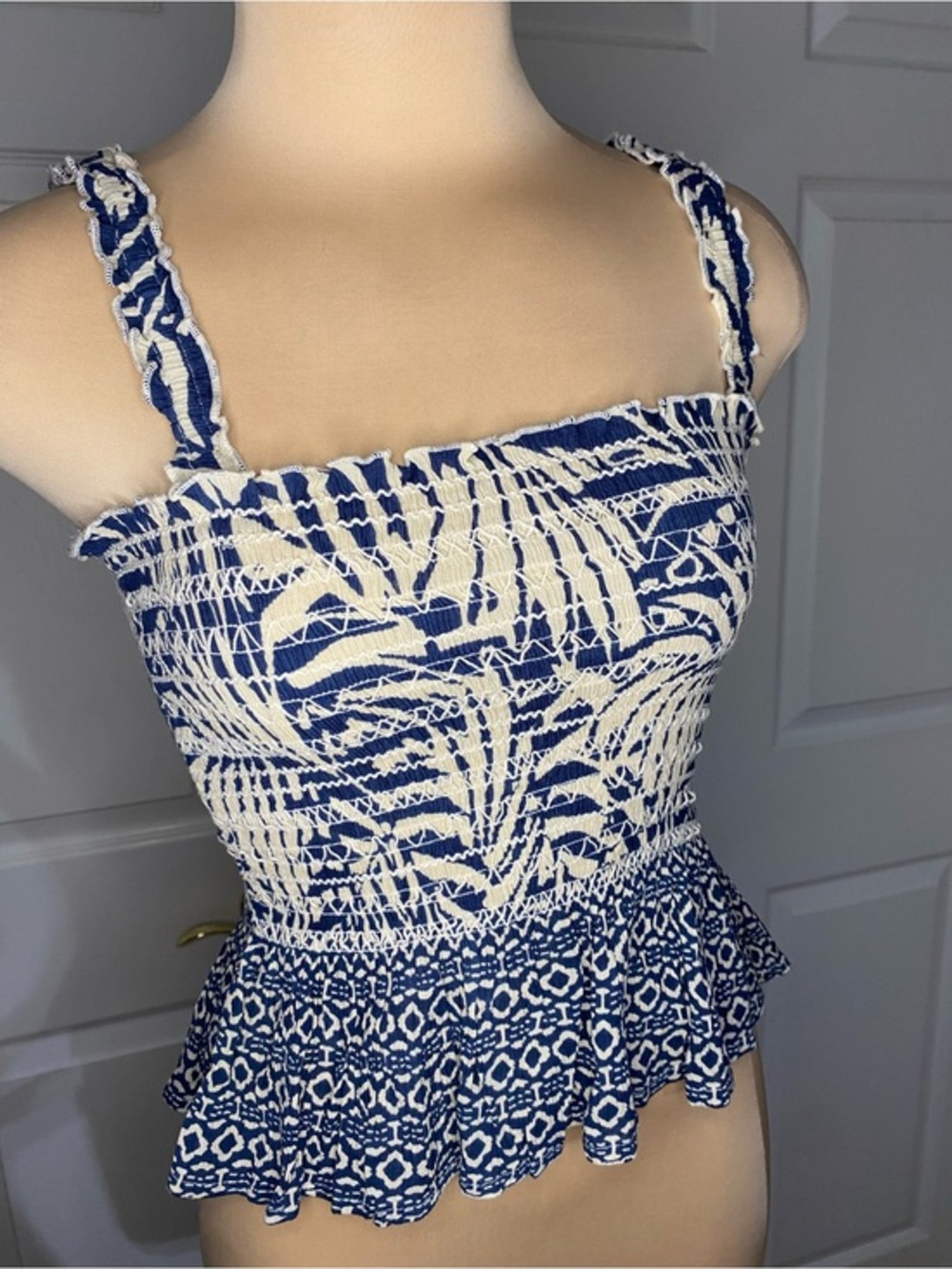 Patrons of Peace Blue and Cream Smocked Peplum Tank Top, Bohemian Tropical